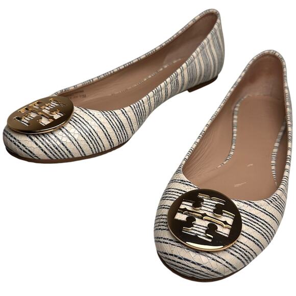 Tory Burch White Blue Striped Snake Leather Gold Logo Reva Ballet Flats Sz 11 M - Picture 3 of 15